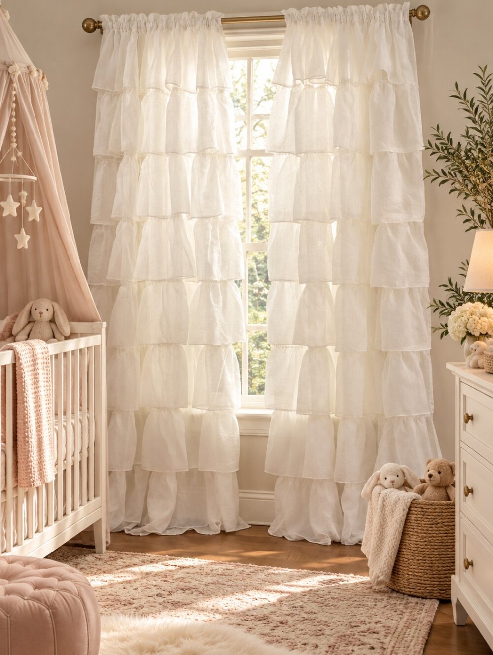 (4 Panels) Cream Ruffle Sheer Curtains Shabby Chic Window Panels 72x72